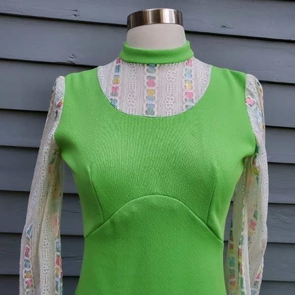 Vintage 70s Handmade Cottagecore Prairie Neon Green Rainbow Maxi dress XS - Picture 2 of 7